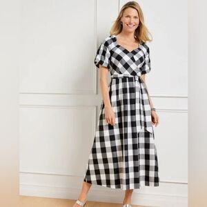 Talbots Zinnia Gingham Black White Fit & Flare Poplin Midi Dress Size 12 Petite